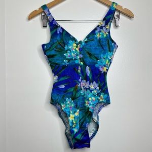 Vintage Mainstream Floral One Piece Swimsuit Size 8 Made in USA Blues Greens